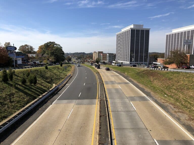 Arlington Boulevard (Route 50) with commercial buildings in West Falls Church, Fairfax County, Virginia.